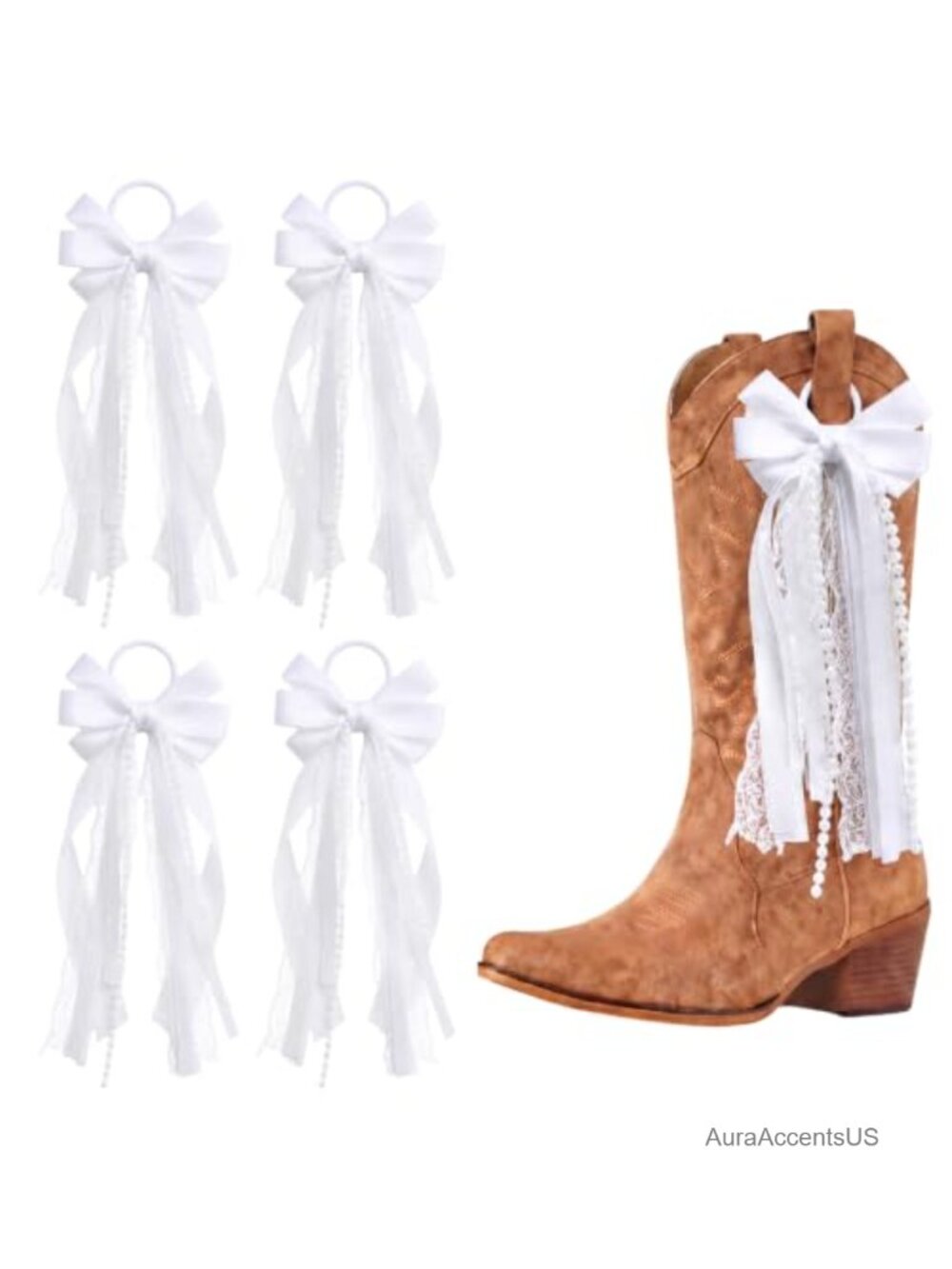 4 Pcs Pearl Ribbon Boot Bows, Removable Lace Shoe Clips for Cowgirl Boots, DIY